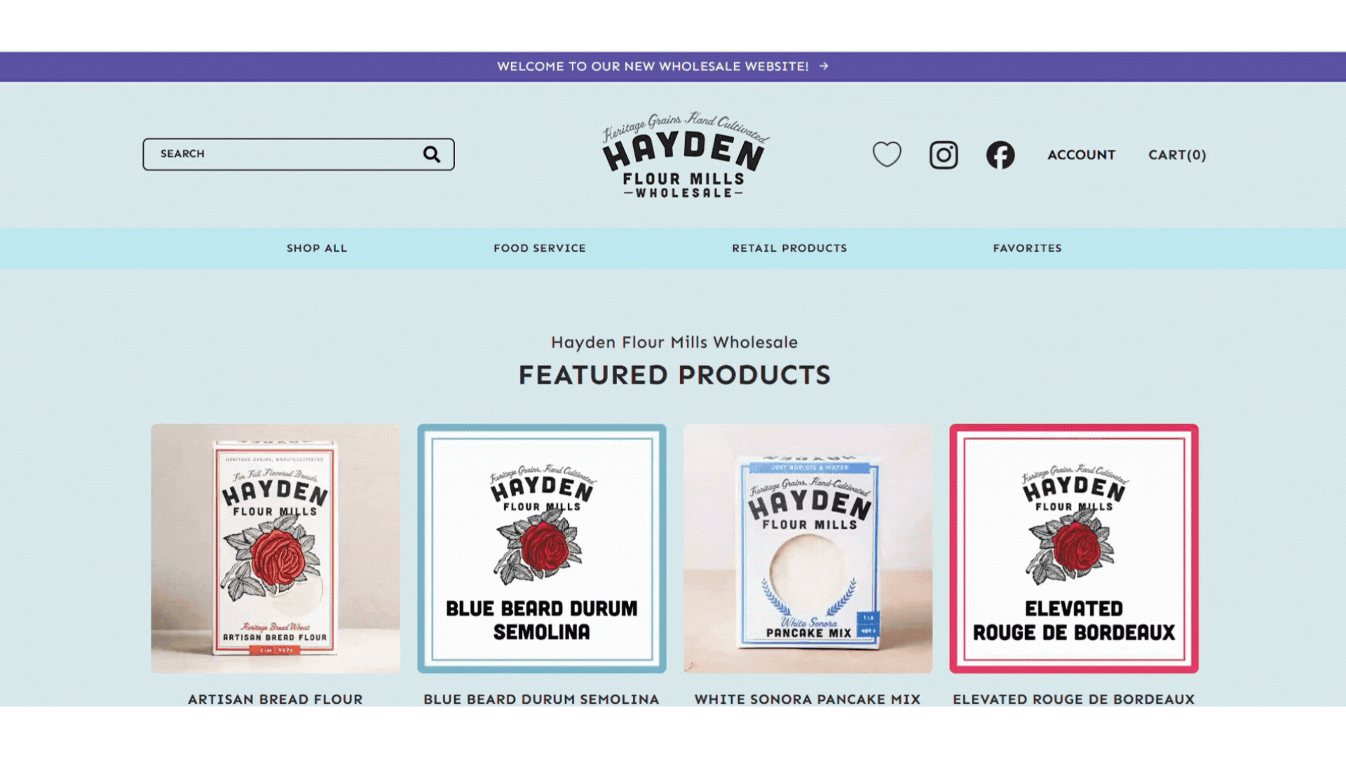 Hayden Flour Mills Wholesale featured products page with load animation on an ecommerce platform.